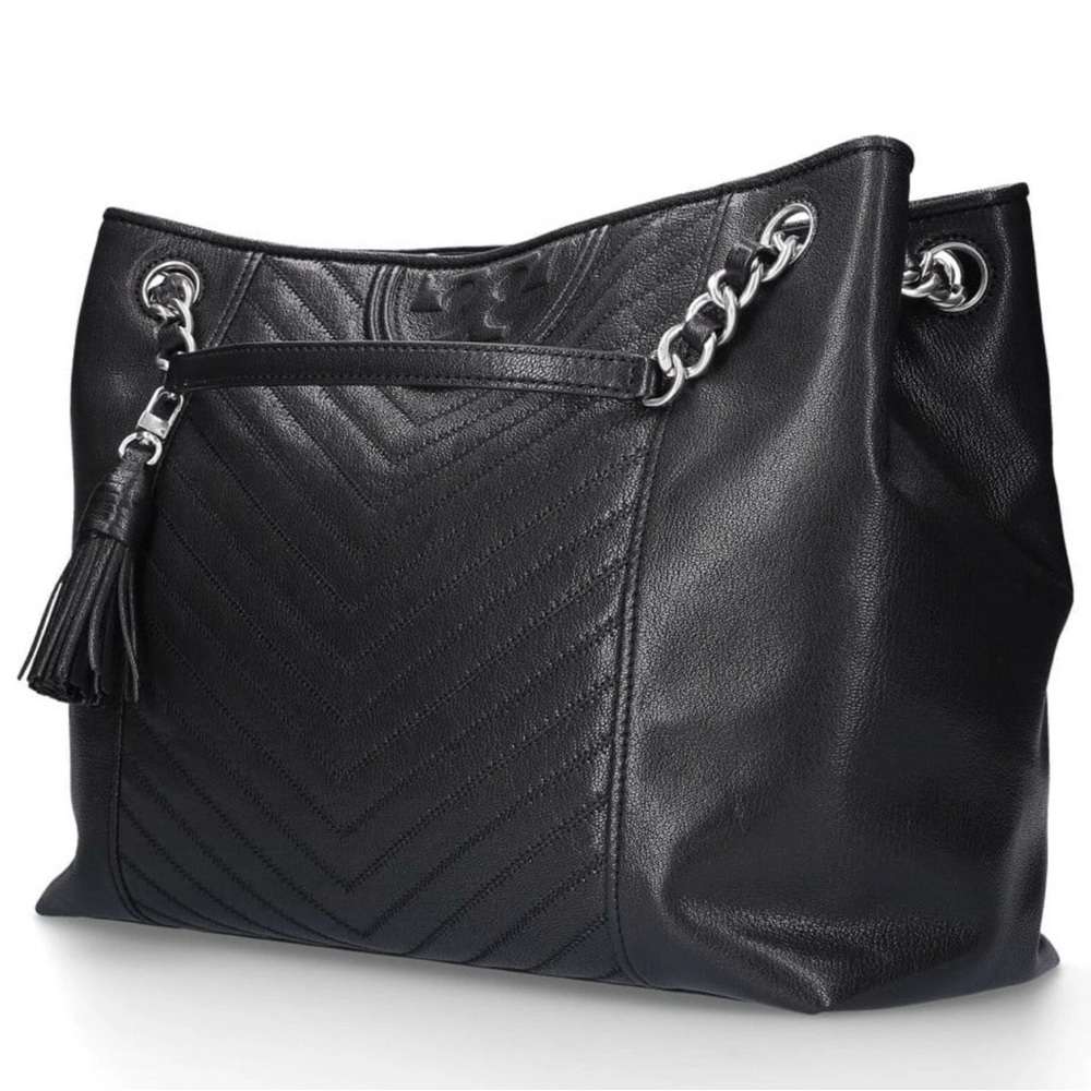 Tory Burch Black Fleming Distressed Leather Chain Tote Purse Bag - Picture 6 of 9